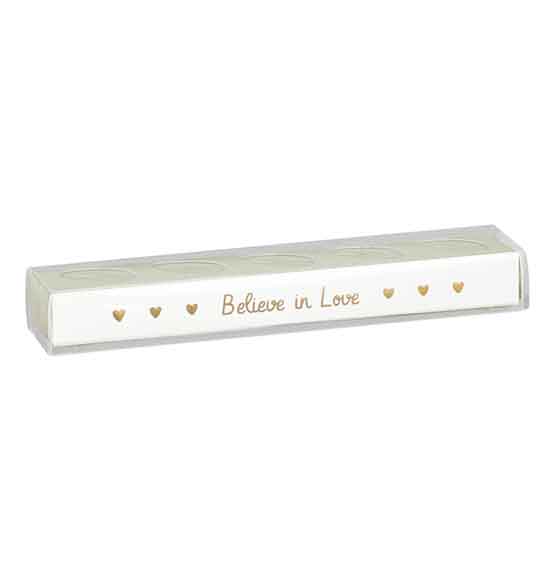 50pz. Scatolina astuccio in pvc con inserto bianco con scritta e oro \"Believe in love\" mm. 195x35x25